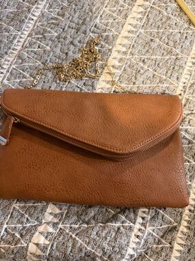 Brown Leather Envelope Crossbody Bag with Gold Chain
